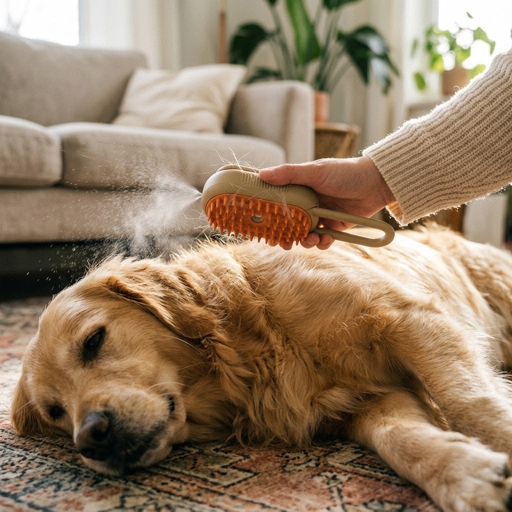 Dog lying on a sofa while being gently groomed with the pet brush