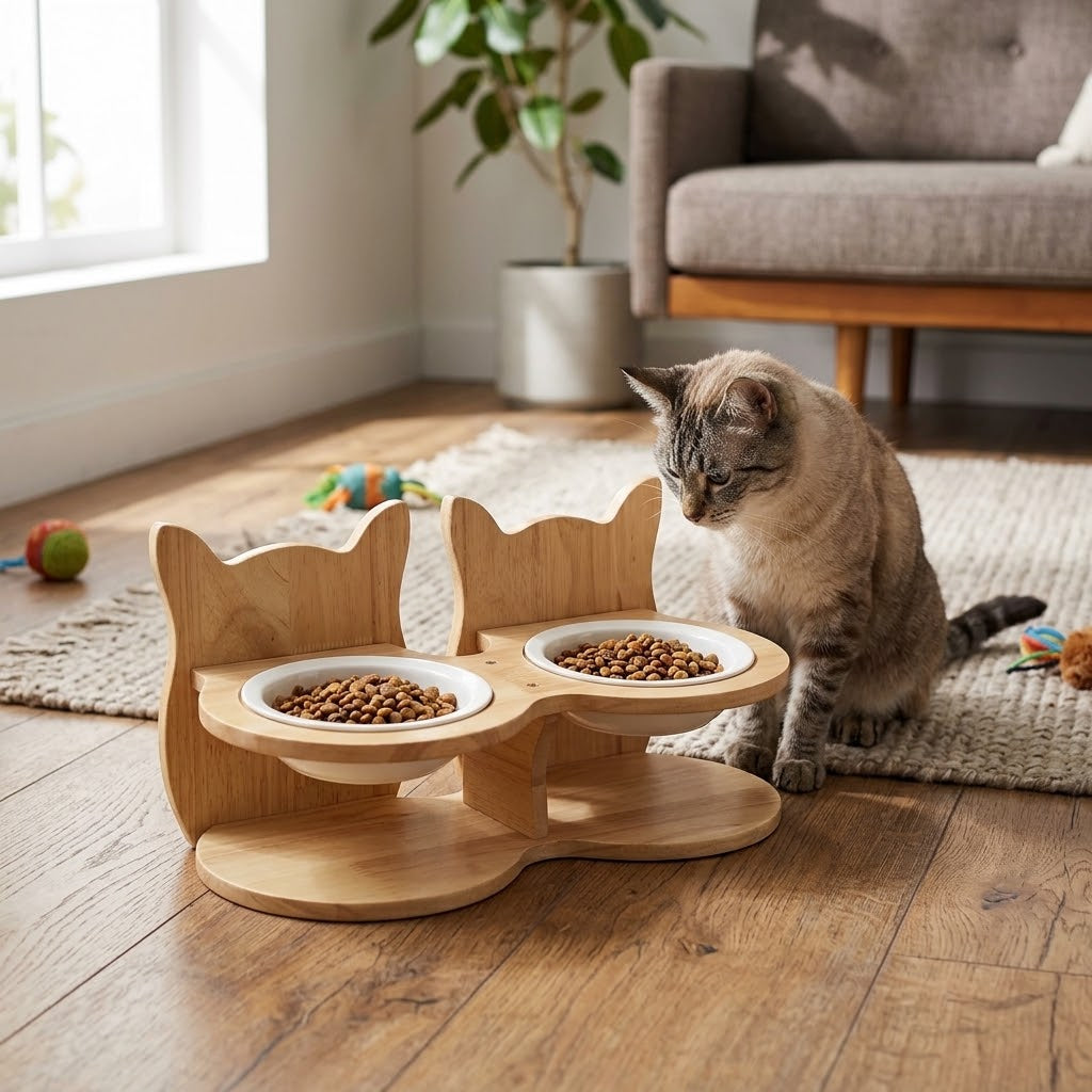 Pawlume Bamboo Pet Feeder Stand with Ceramic Bowls