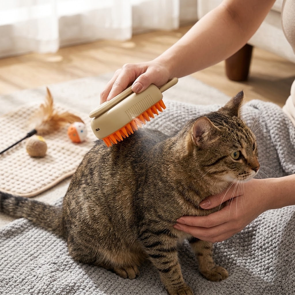 Cat gently groomed with the cream and orange pet spray brush