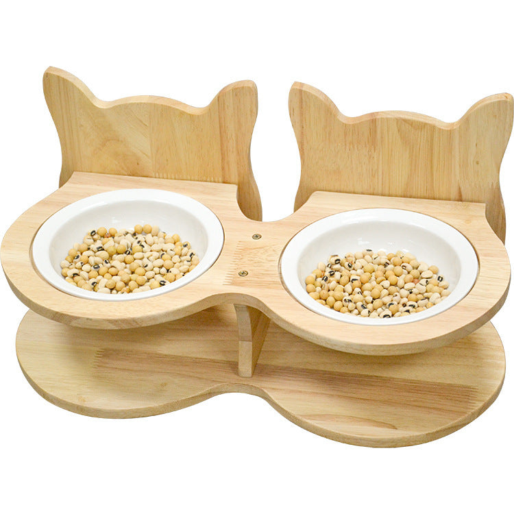 Pawlume Bamboo Pet Feeder Stand with Ceramic Bowls